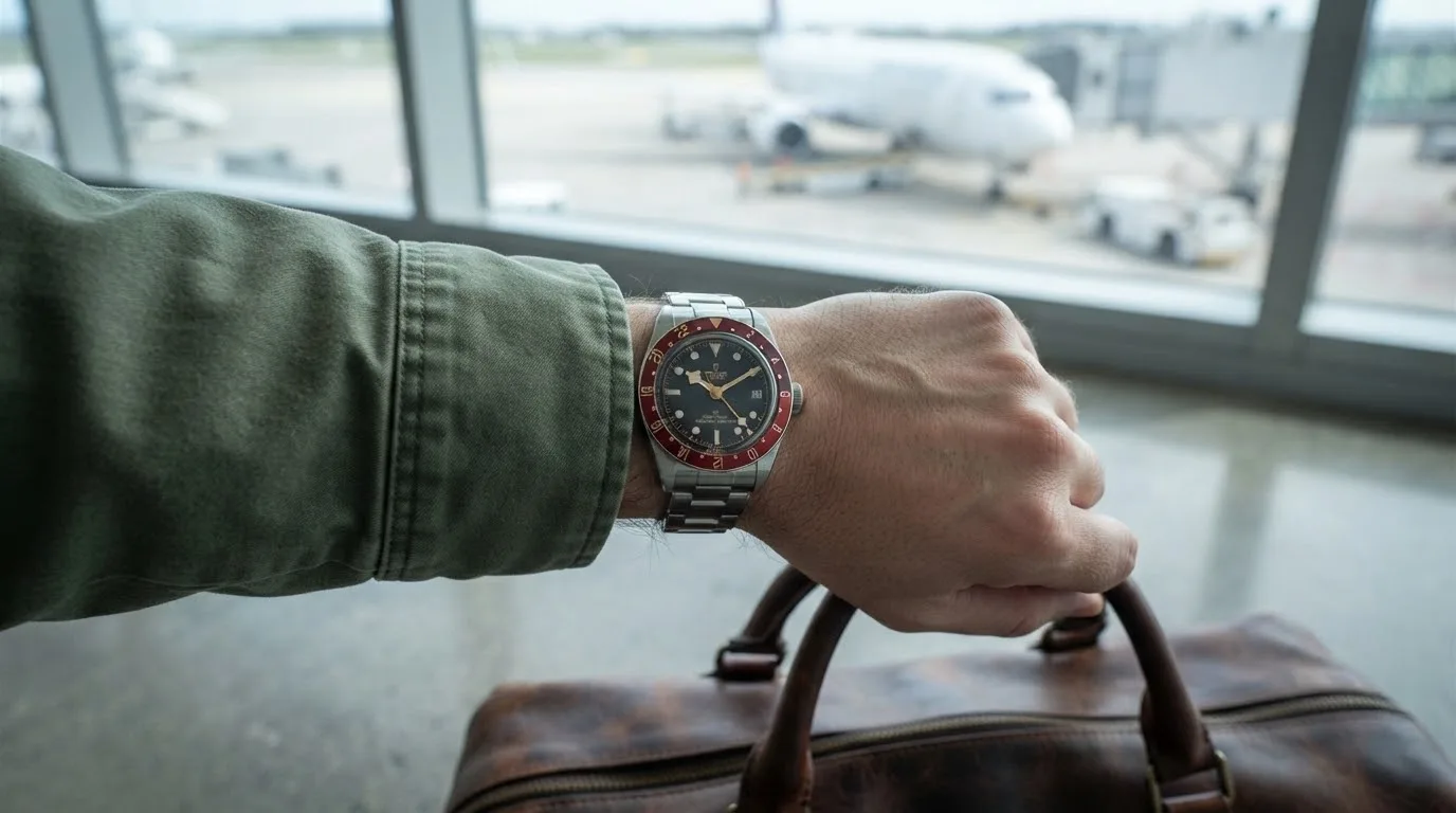 Illustrative render — buying it on amazon of the Tudor Black Bay 58 GMT 39mm M7939G1A0NRU-0001 (steel, black and burgundy 24-hour bezel, black gilt dial, rivet-style steel bracelet)