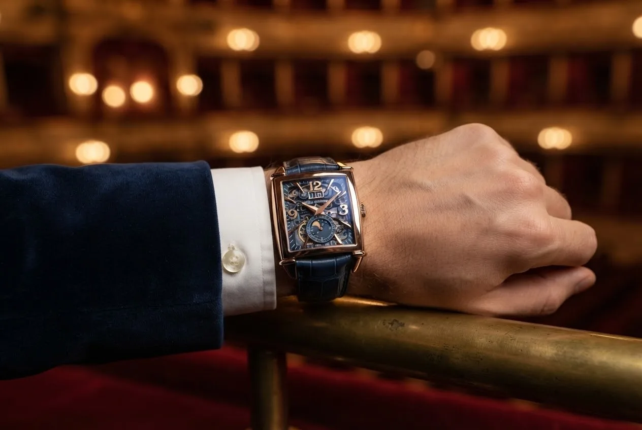 Illustrative render — buying it on amazon of the Girard-Perregaux Vintage 1945 XXL Large Date Moon Phases (rose gold, blue skeleton dial)