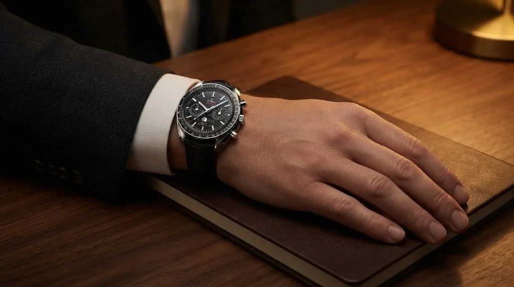 Illustrative render — buying it on amazon of the Omega Speedmaster Moonphase Co-Axial Master Chronometer Chronograph 44.25mm 304.33.44.52.01.001 (steel, black dial, black alligator strap)