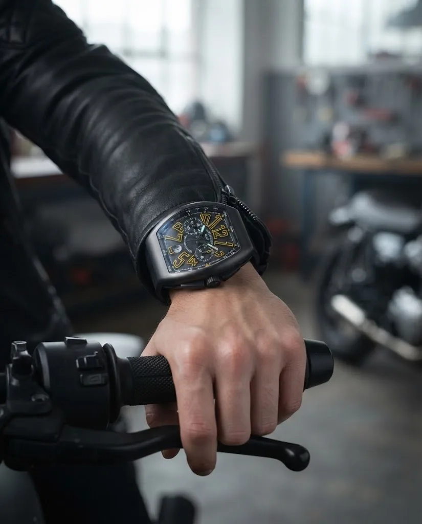 Illustrative render — buying it on amazon of the Franck Muller Vanguard V 45 CC DT chronograph (black titanium, black dial, yellow-outlined numerals, black leather-insert strap with yellow stitching)