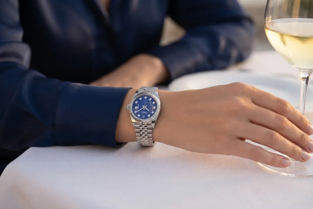 Illustrative render — buying it pre-owned on amazon of the Rolex Lady-Datejust 26 79174 (steel, white gold fluted bezel, sodalite diamond dial)