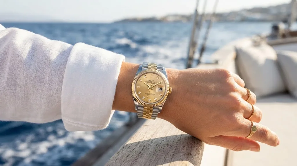 Illustrative render — buying it on amazon of the Rolex Lady-Datejust 26 (steel and 18k yellow gold, champagne diamond dial, fluted bezel, Jubilee bracelet, graded Good, no accessories, pre-owned)