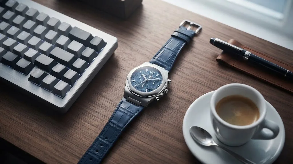 Illustrative render — buying it new on amazon of the Girard-Perregaux Laureato Chronograph 42mm (steel, blue dial)