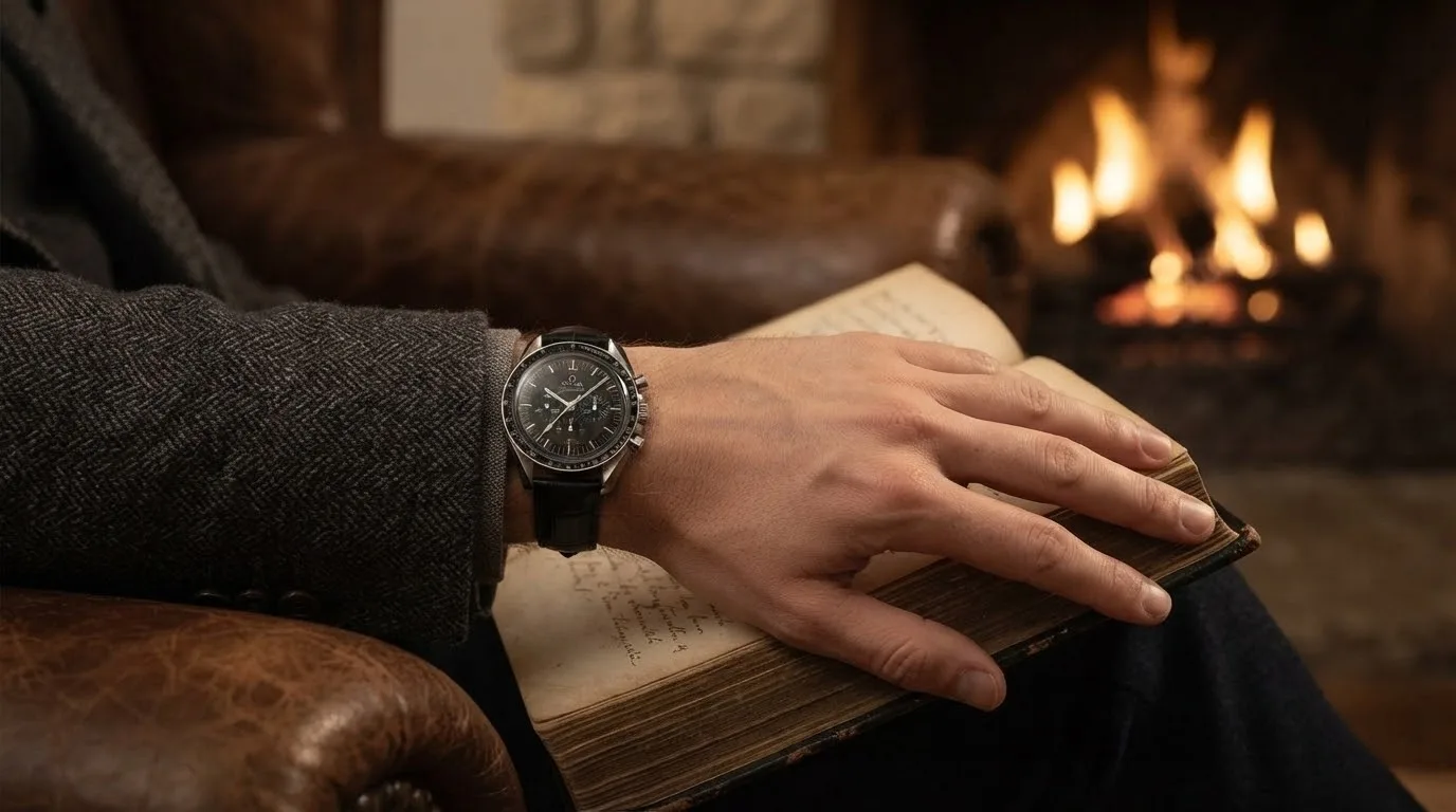 Illustrative render — buying it on amazon of the Omega Speedmaster Moonwatch Professional 42mm 311.33.42.30.01.001 (calibre 1861, hesalite, black leather strap)