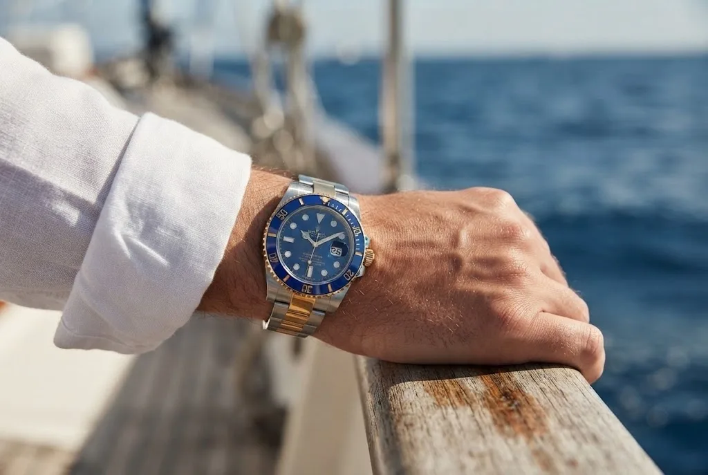 Illustrative render — buying it pre-owned on amazon of the Rolex Submariner Date 116613LB (steel and yellow gold, blue dial)