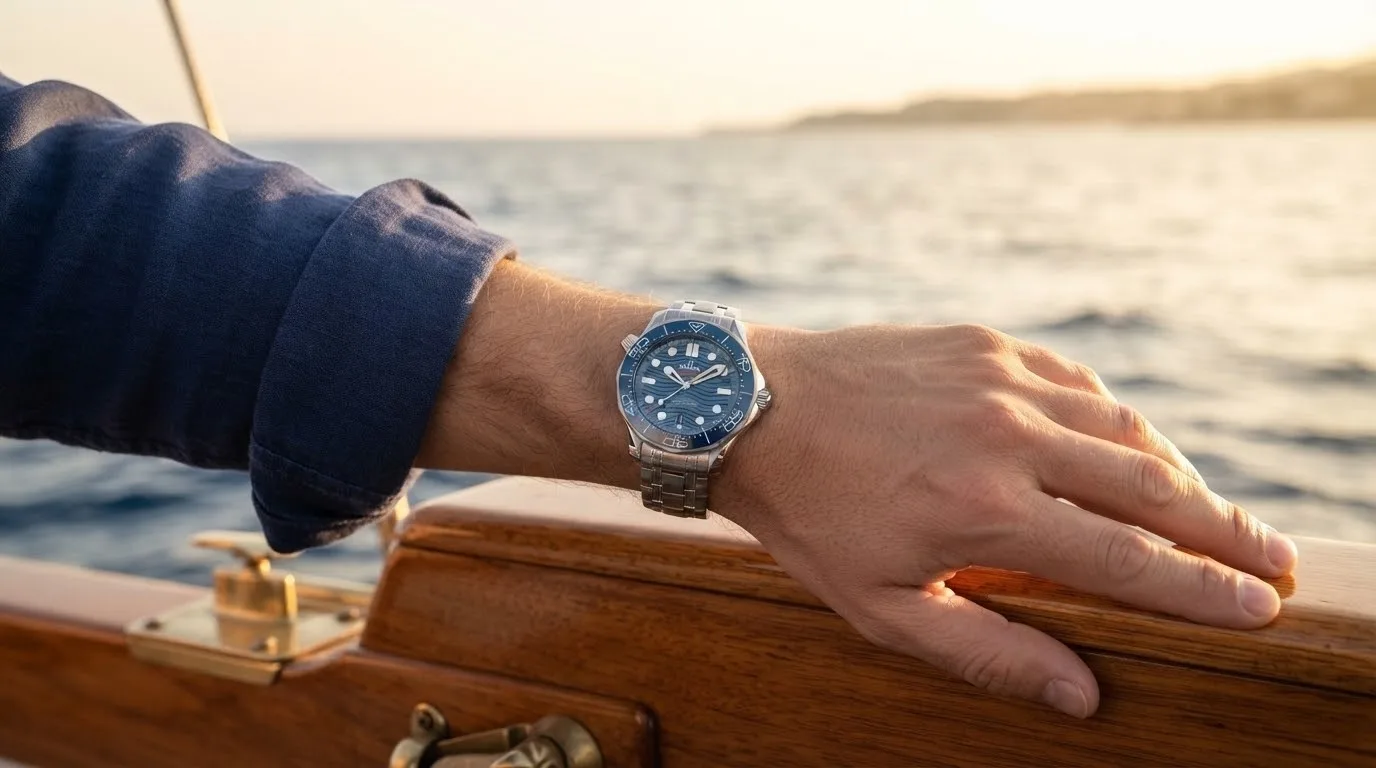 Illustrative render — buying it on amazon of the Omega Seamaster Diver 300M Co-Axial Master Chronometer 42mm 210.30.42.20.03.001 (steel, blue ceramic dial, steel bracelet)