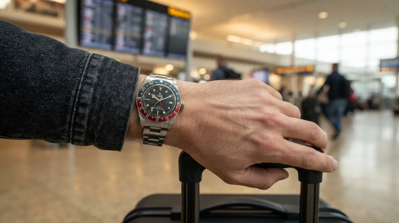 Illustrative render — buying it on amazon of the Tudor Black Bay GMT 41mm M79830RB-0001 (steel, burgundy and blue bezel, black dial, riveted steel bracelet)