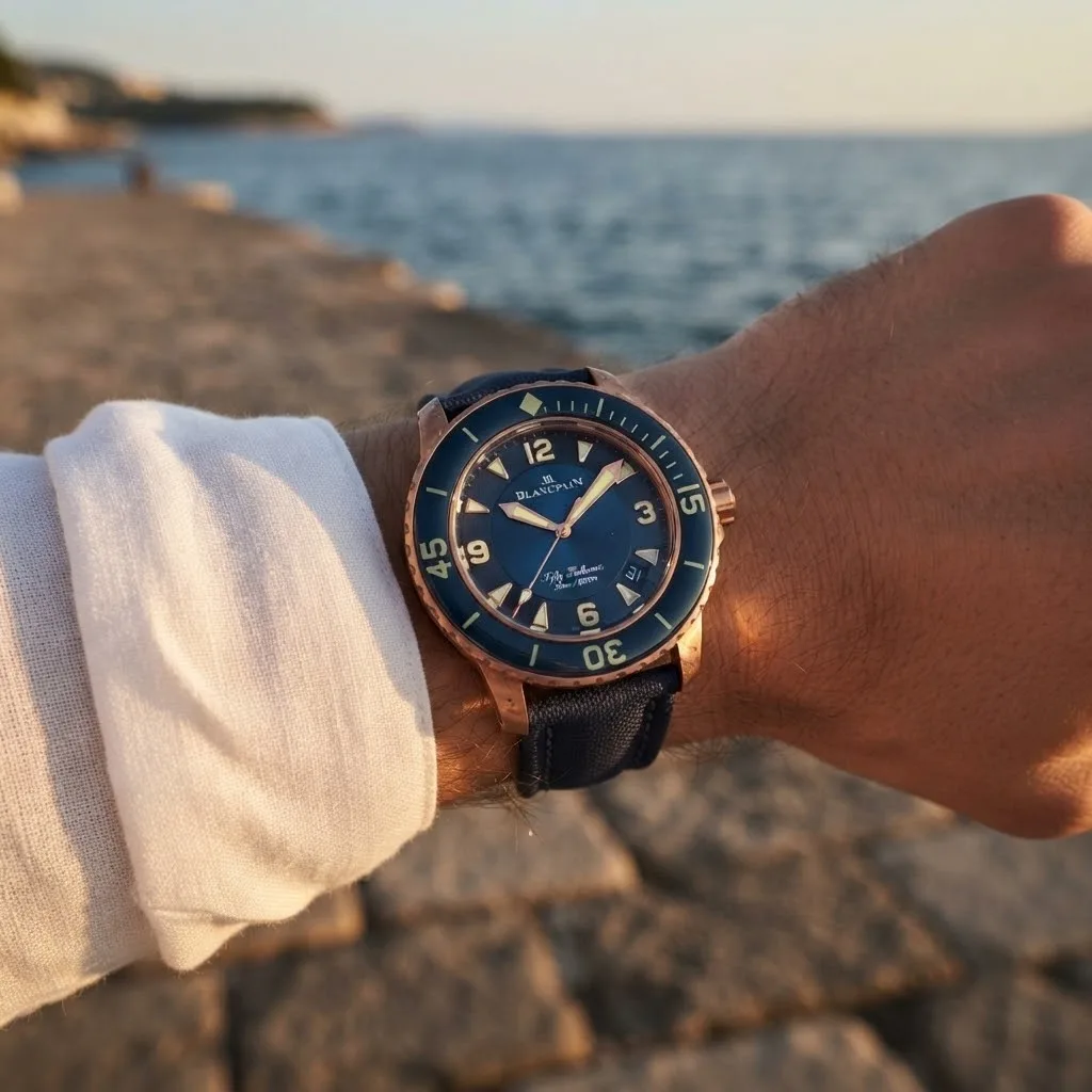 Illustrative render — buying it on amazon of the Blancpain Fifty Fathoms Automatique 5015-3603C-63B (18k red gold, blue dial, blue sail-canvas strap)