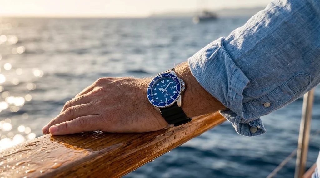 Illustrative render of the blue Casio Duro worn on the wrist