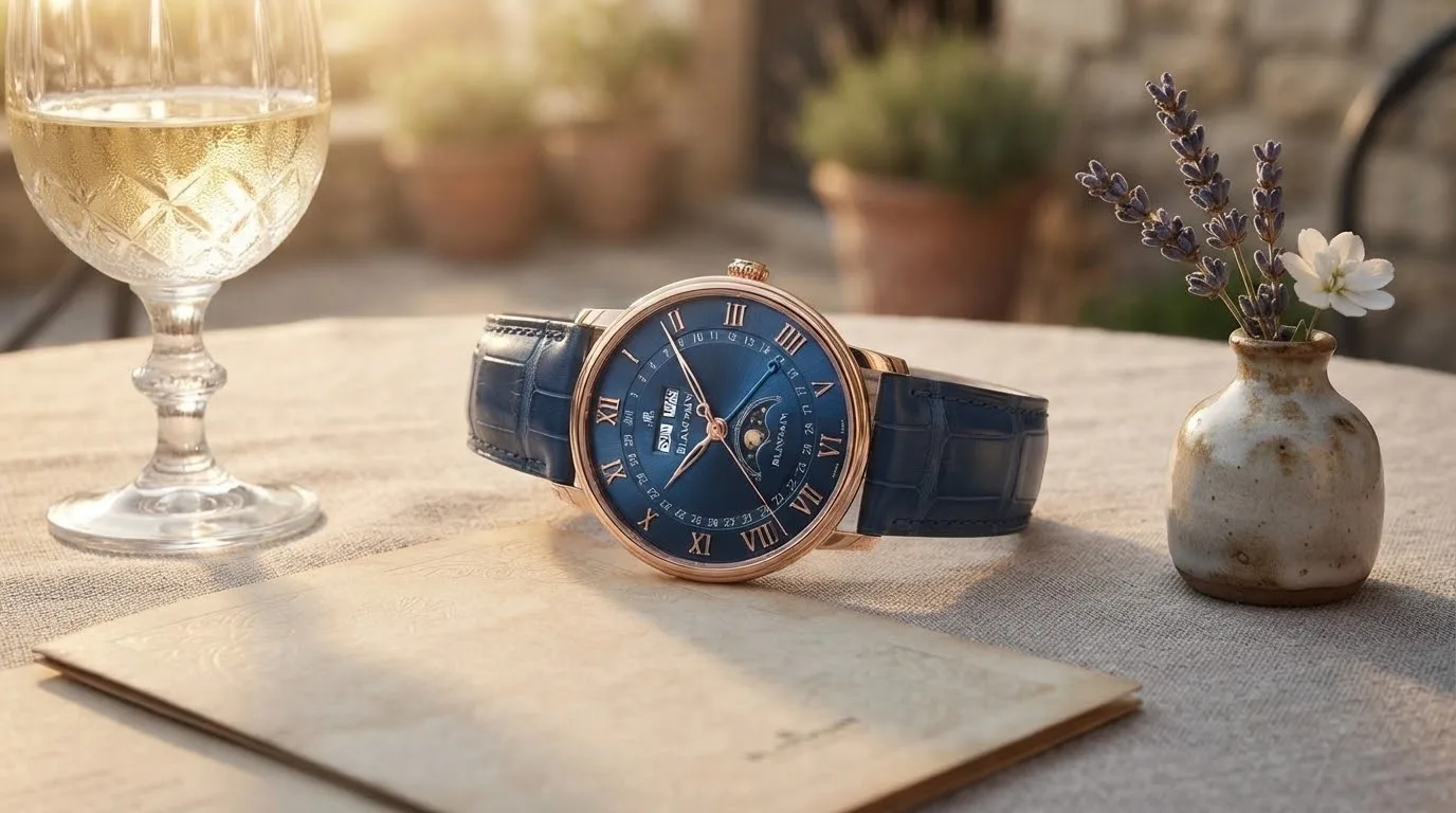 Illustrative render — buying it new on amazon of the Blancpain Villeret Quantième Complet (18k red gold, blue dial)