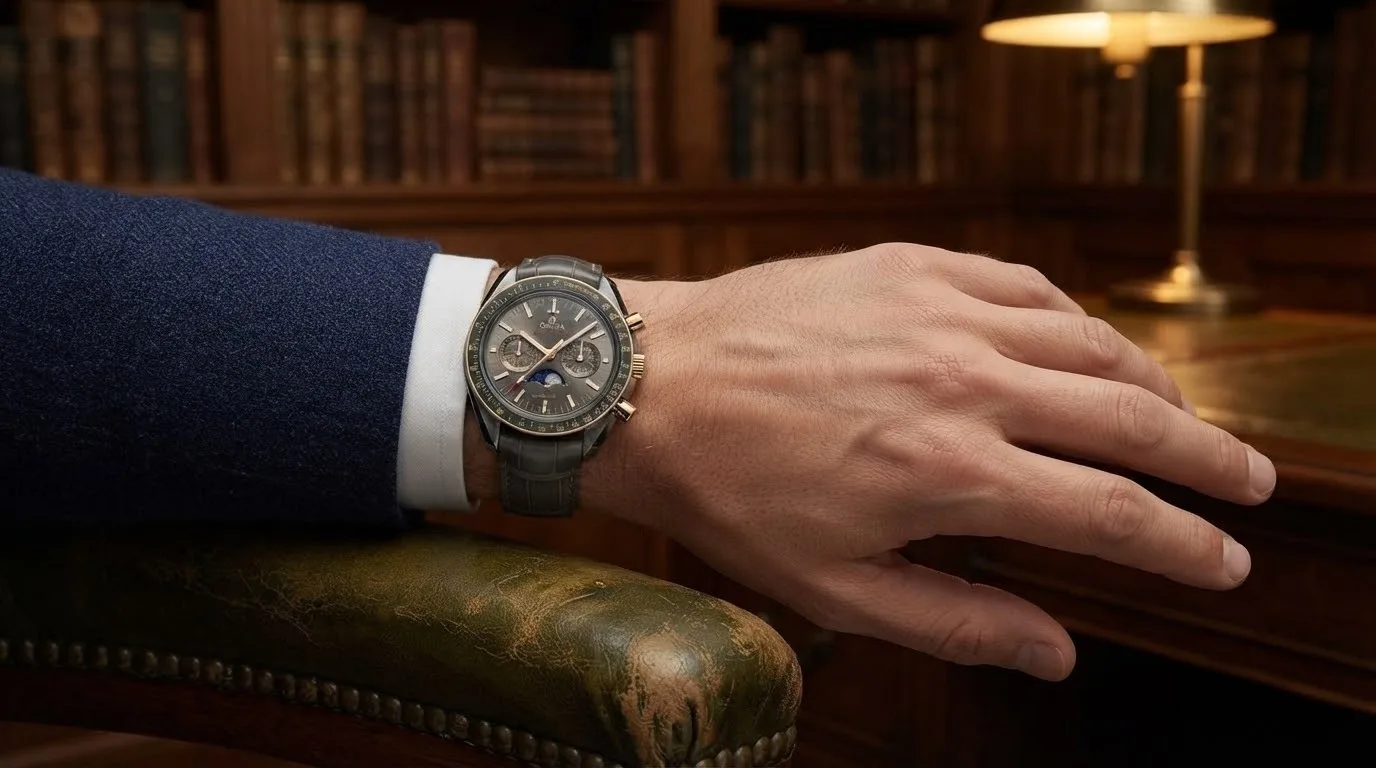Illustrative render — buying it on amazon of the Omega Speedmaster Moonphase Co-Axial Master Chronometer Chronograph 44.25mm 304.23.44.52.06.001 (steel and yellow gold, grey dial, grey alligator strap)