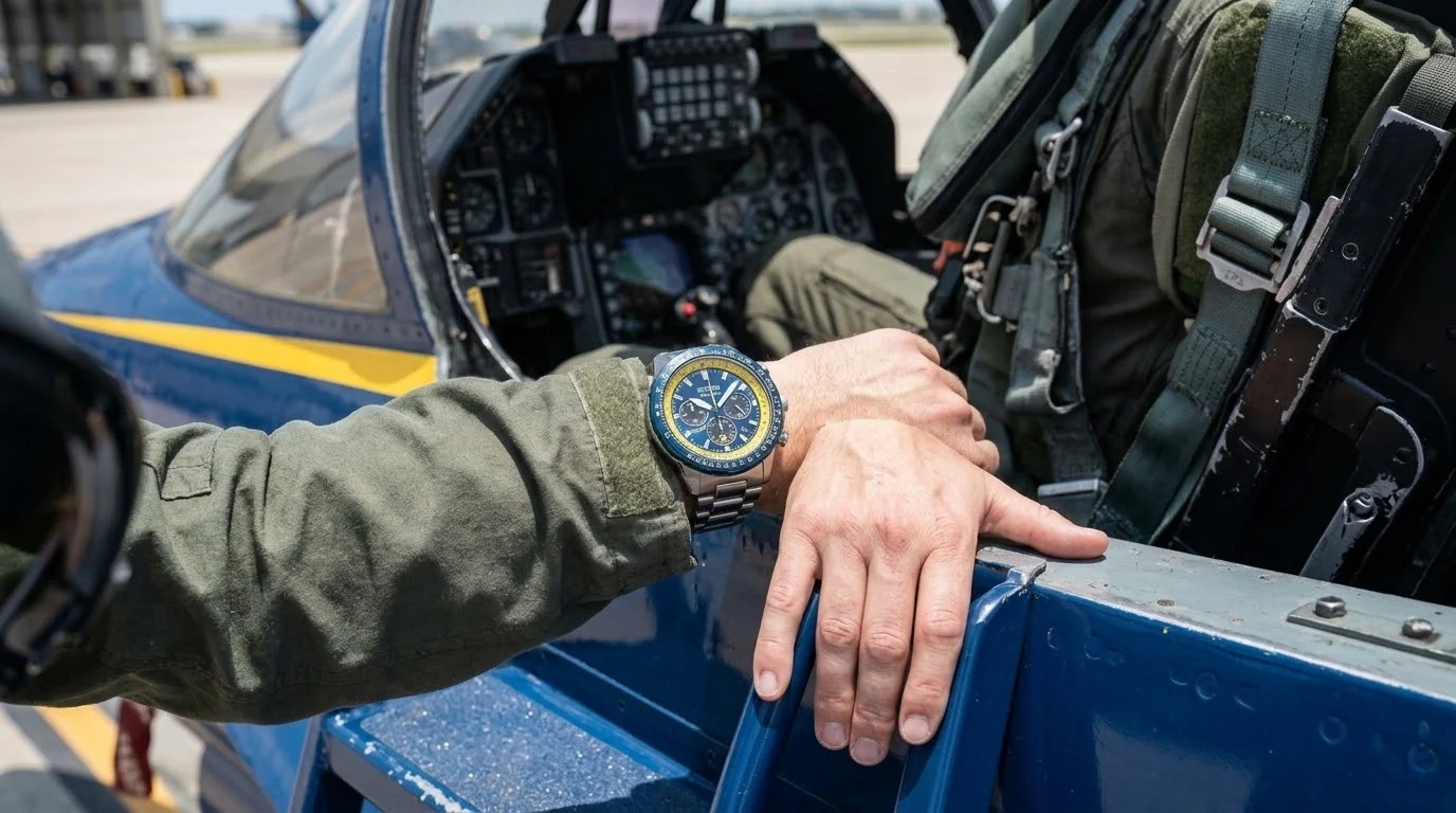 Illustrative render — sapphire and 200 metres of the Citizen Blue Angels Navihawk 40mm