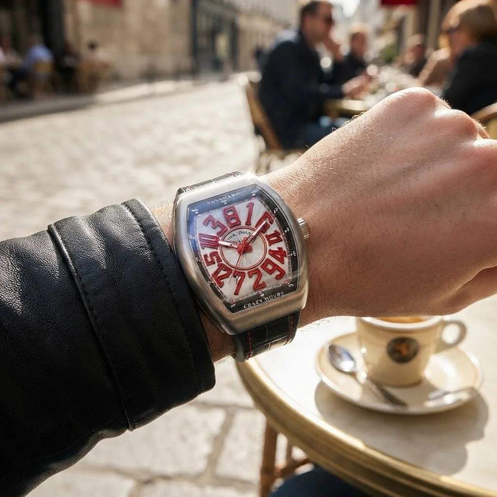 Illustrative render — buying it on amazon of the Franck Muller Vanguard Crazy Hours V 45 CH BR (brushed steel, red numerals, black alligator strap)