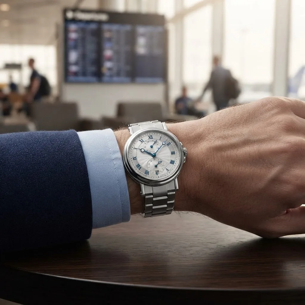 Illustrative render — buying it on amazon of the Breguet Marine Dual Time 5857ST/12/SZ0 (steel, silvered guilloche dial, bracelet)