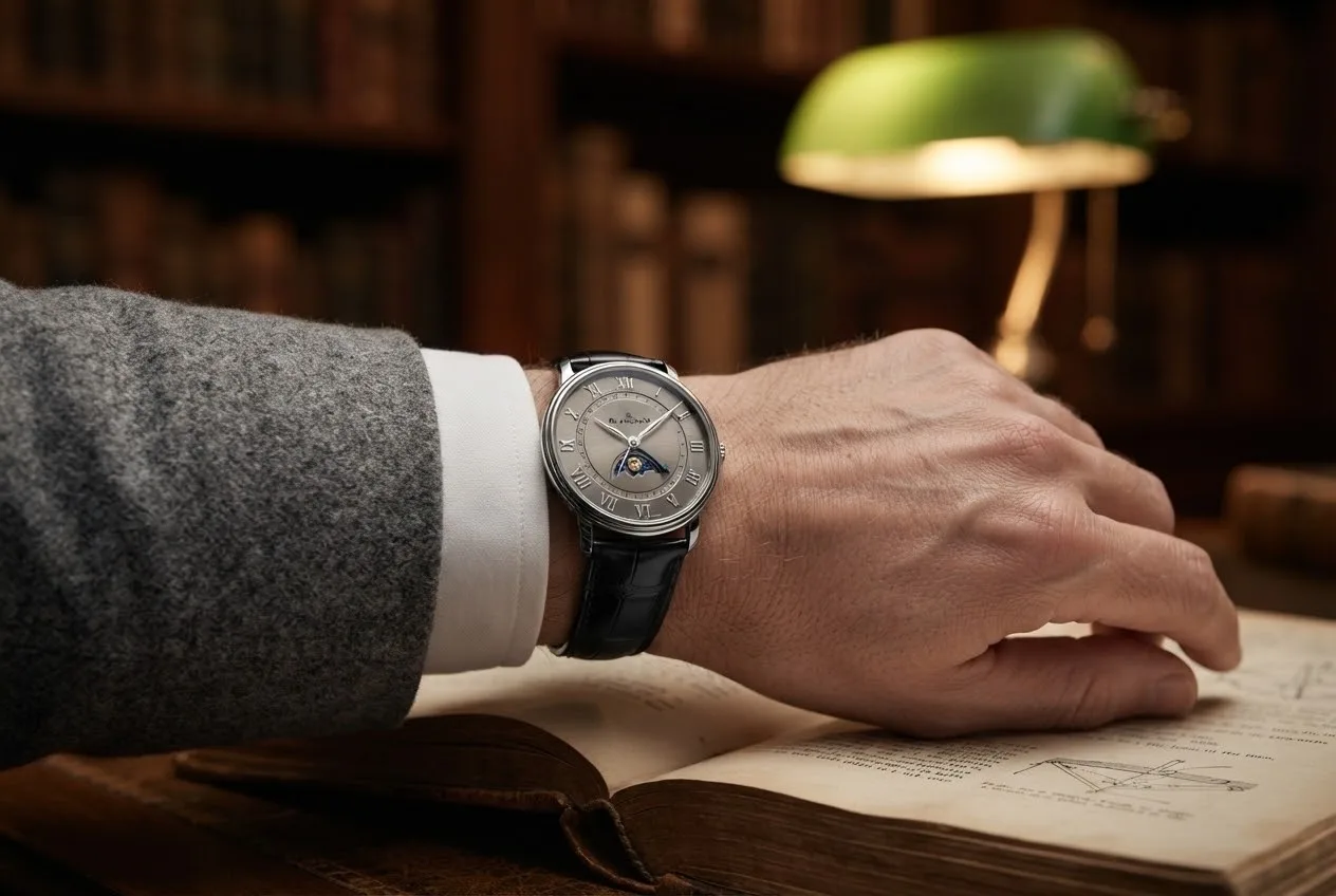Illustrative render — buying it on amazon of the Blancpain Villeret Quantieme Complet (18k white gold, taupe dial)