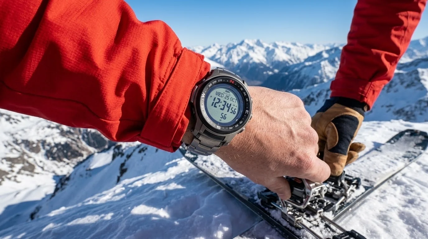 Illustrative render — set by a tower of the Casio Pro Trek PRW3500T-7