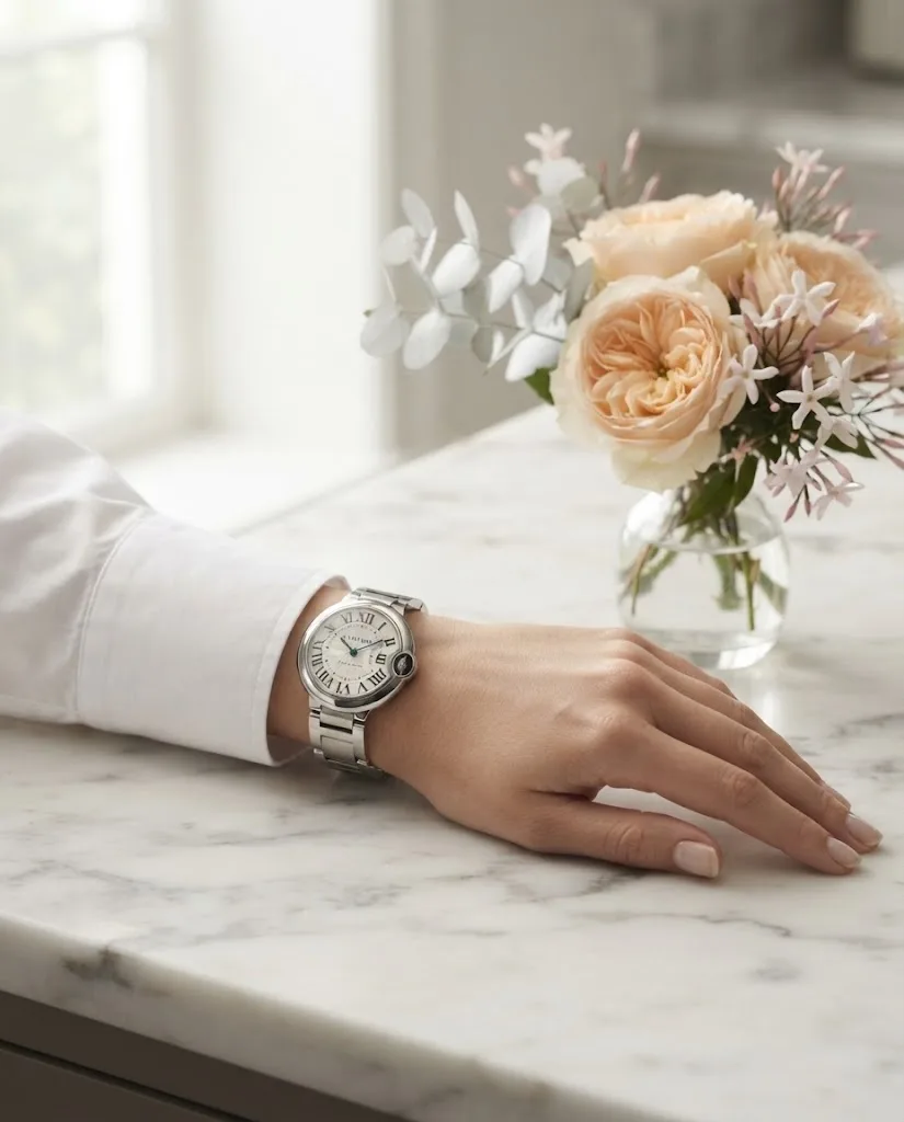 Illustrative render — buying it pre-owned on amazon of the Cartier Ballon Bleu de Cartier 33mm automatic (steel, silver dial, steel bracelet)