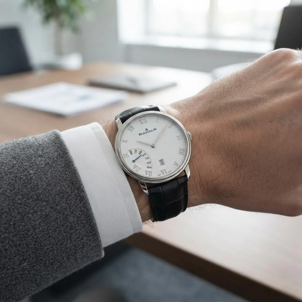 Illustrative render — buying it on amazon of the Blancpain Villeret Grande Date Jour Retrograde 6668-1127-55B (steel, white dial, alligator strap)