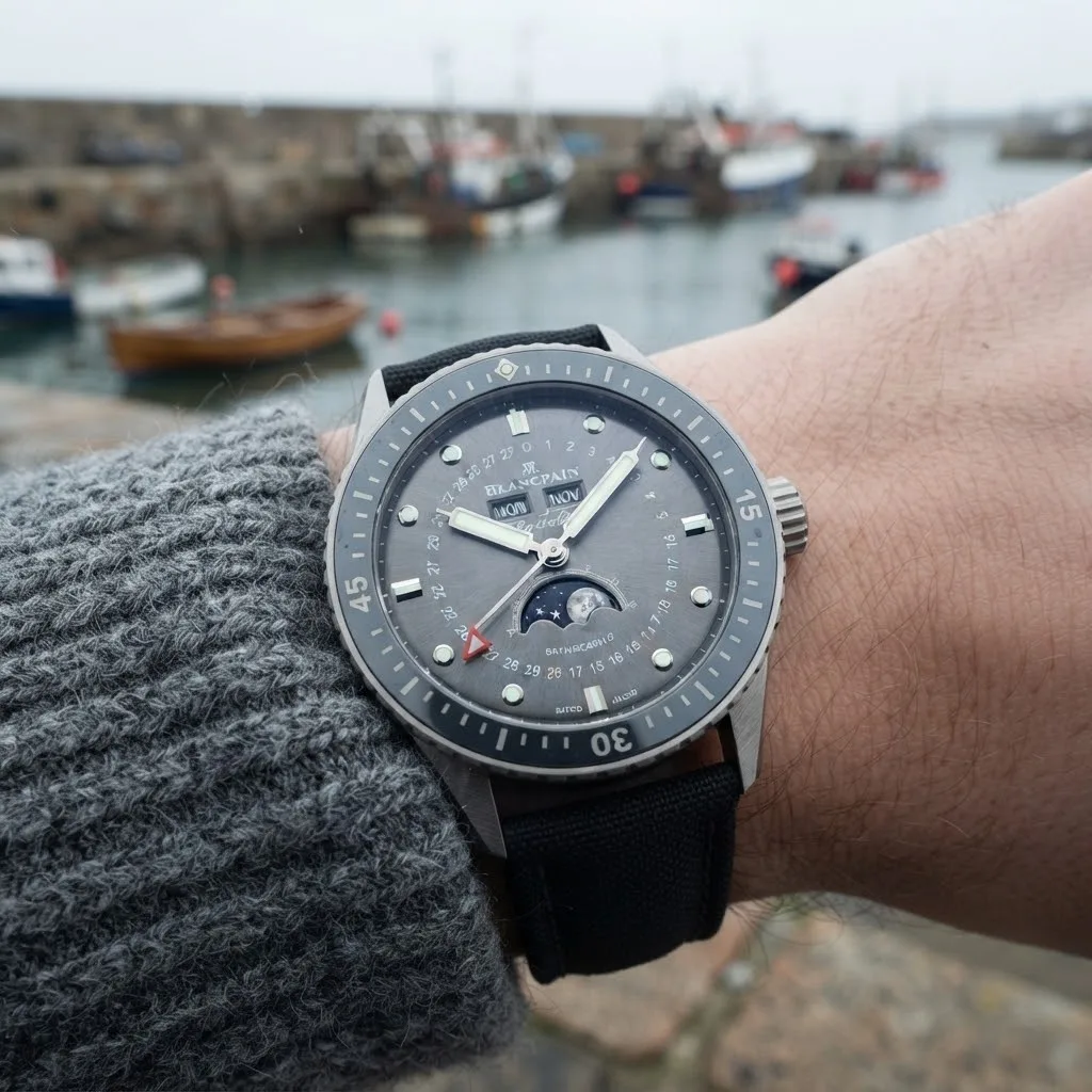 Illustrative render — buying it on amazon of the Blancpain Fifty Fathoms Bathyscaphe Quantieme Complet Phases de Lune 5054-1110-B52A (steel, grey dial, sail-canvas strap)