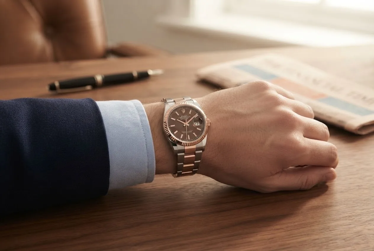Illustrative render — buying it pre-owned on amazon of the Rolex Datejust 36 (Everose Rolesor, chocolate dial)