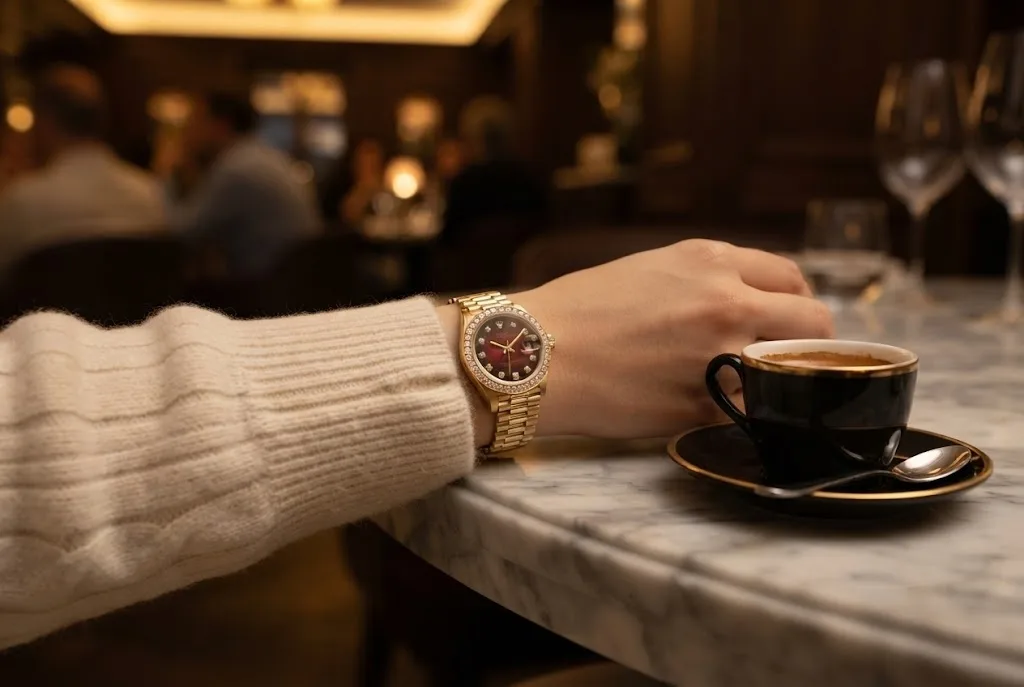 Illustrative render — buying it pre-owned on amazon of the Rolex Lady-Datejust 26 (18k gold, diamond bezel and lugs, red vignette dial)