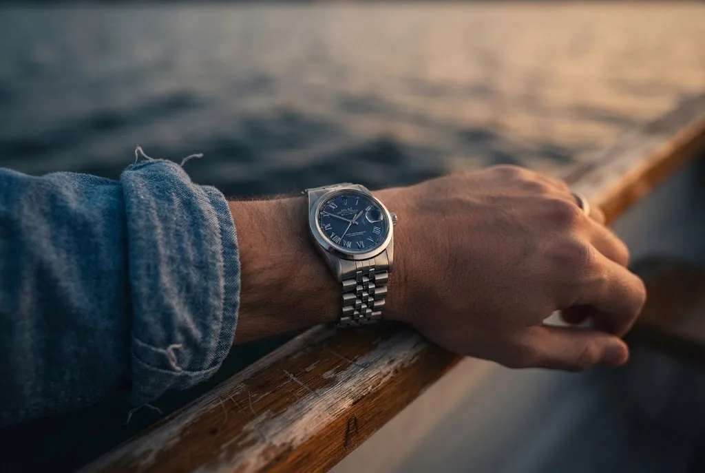Illustrative render — buying it pre-owned on amazon of the Rolex Datejust 1600 (steel, smooth bezel, blue Buckley dial, about 1971, box)