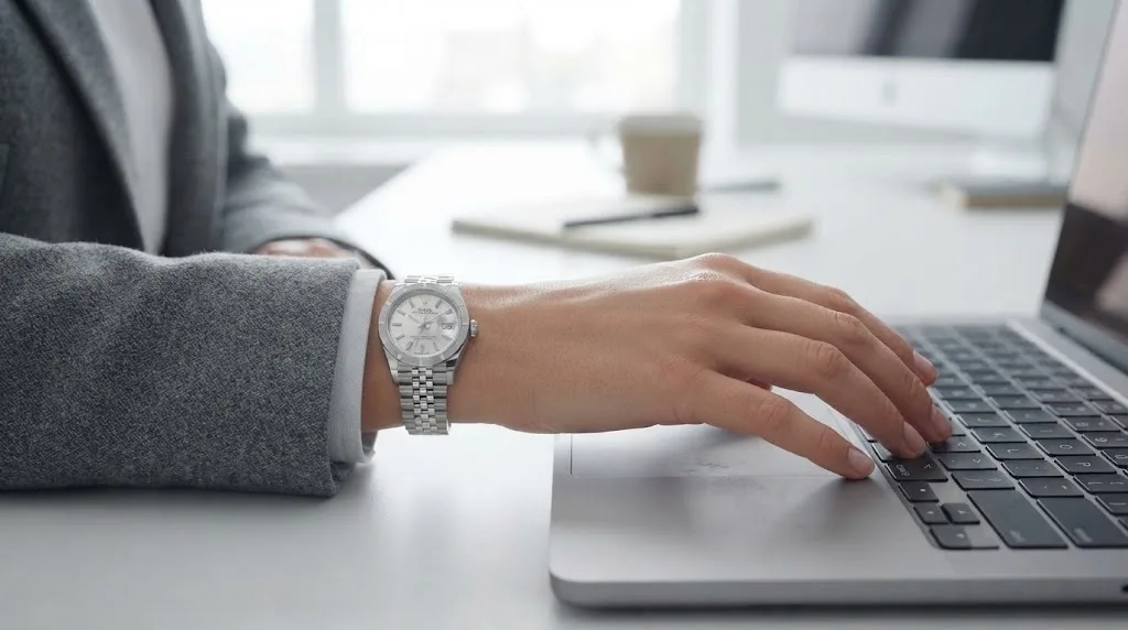 Illustrative render — buying it on amazon of the Rolex Lady-Datejust 26 ref. 79240 (steel, silver dial, engine-turned bezel, Jubilee bracelet, pre-owned)