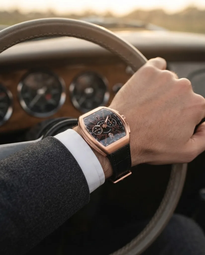 Illustrative render — buying it on amazon of the Franck Muller Vanguard V 45 CC DT 5N NR chronograph (18k rose gold, black dial, black leather-top strap)