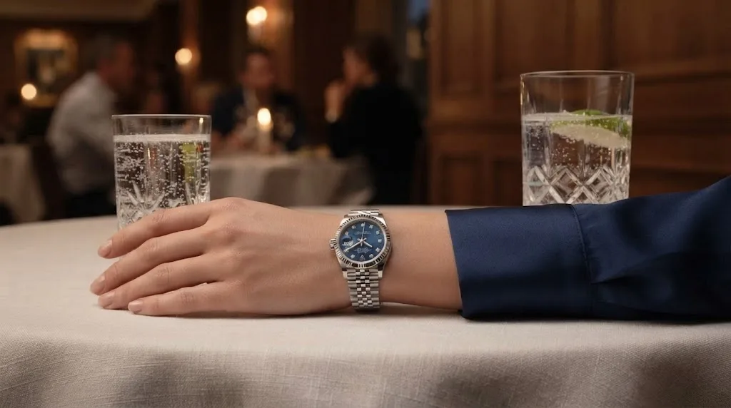 Illustrative render — buying it on amazon of the Rolex Lady-Datejust 26 (steel, white gold fluted bezel, blue diamond dial, Jubilee bracelet, dated card, pre-owned)