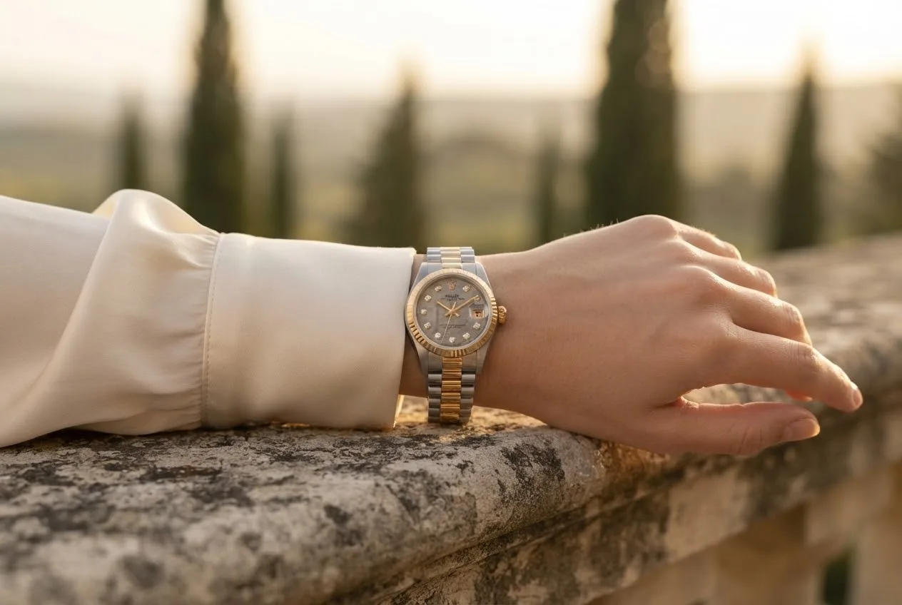 Illustrative render — buying it pre-owned on amazon of the Rolex Lady-Datejust 26 69179 (white gold, yellow gold bezel, Jurassic fossil dial, Tridor President, box)