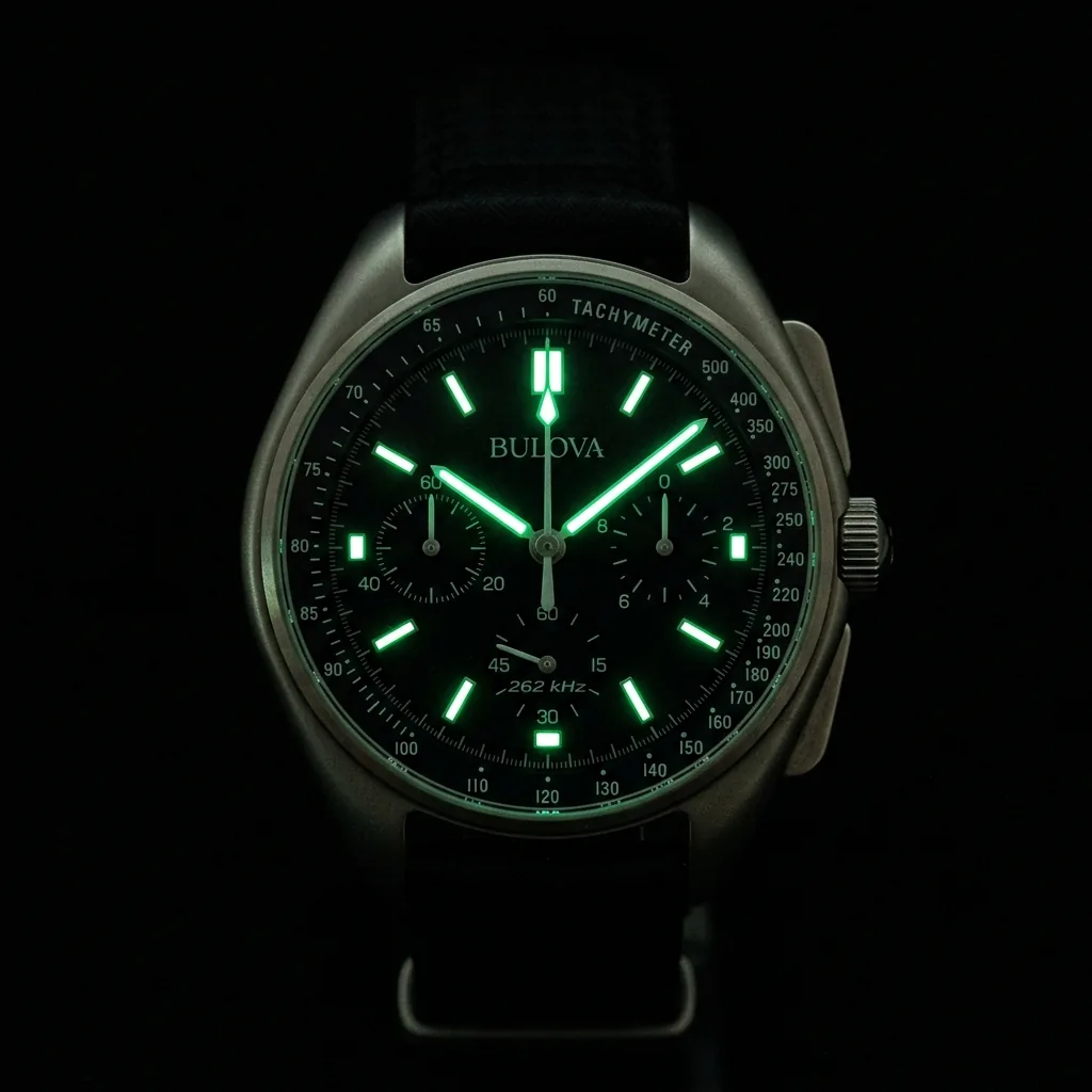 Bulova Lunar Pilot Chronograph 96B251 lume shot in darkness