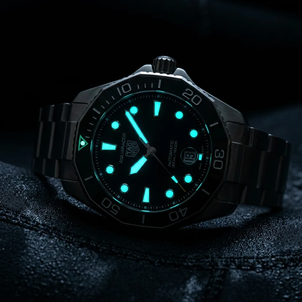 TAG Heuer Aquaracer lume shot in darkness