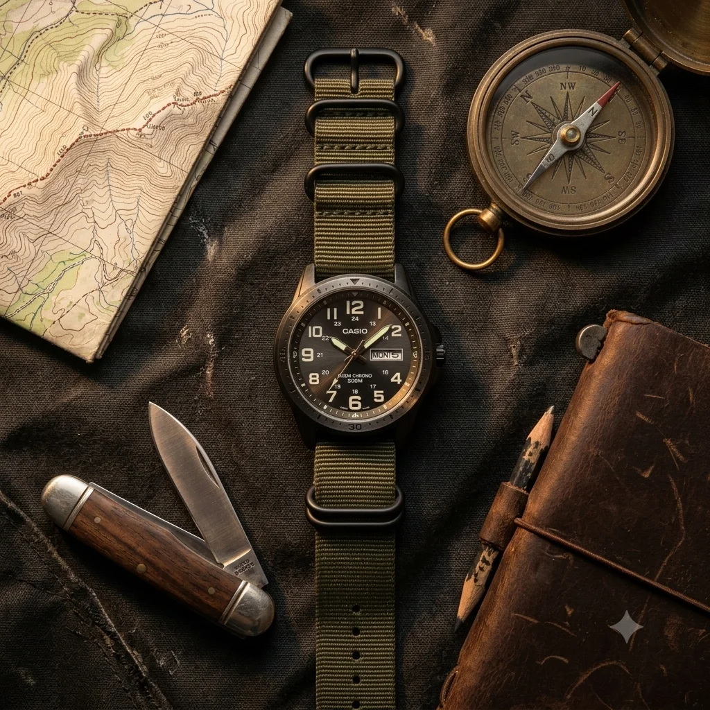 Casio MTPS120L in an everyday-carry flat lay with compass, map and notebook