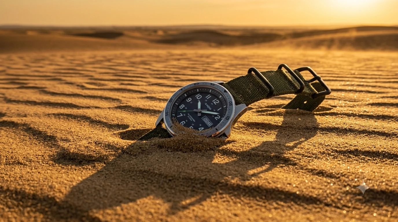 Casio MTPS120L half-sunk in rippled desert dunes at sunset