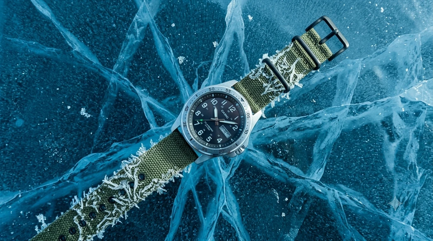 Casio MTPS120L from above on cracked glacier ice with frost on the strap