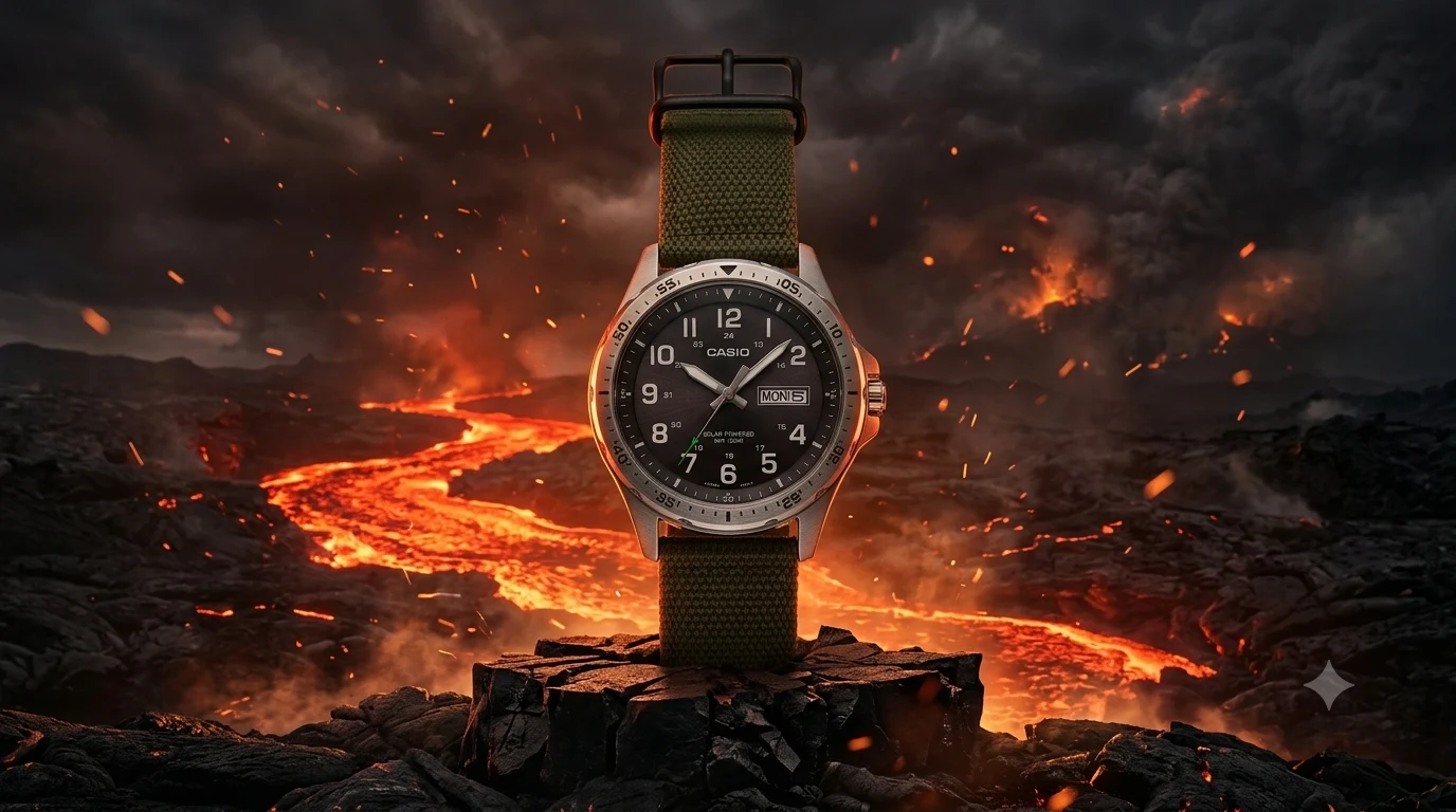 Casio MTPS120L standing on volcanic rock before a river of lava