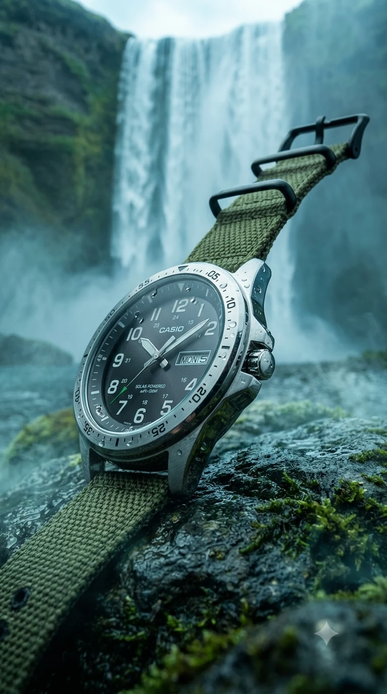 Casio MTPS120L in profile on wet river stone before a waterfall