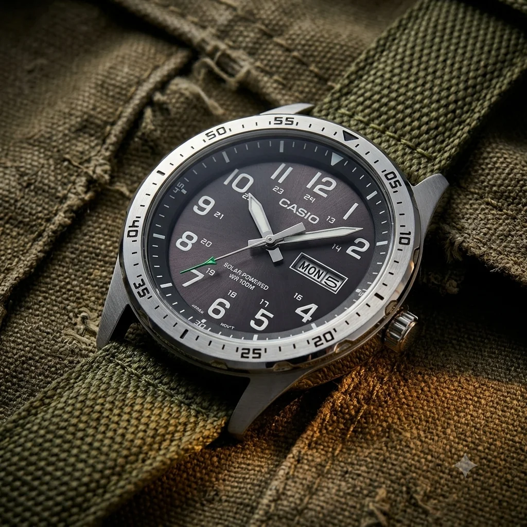 Casio MTPS120L Series solar field watch on military canvas