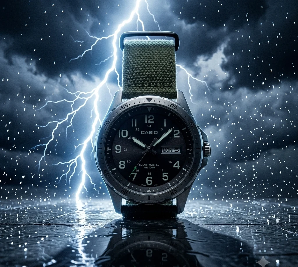 Casio MTPS120L Series against a storm sky with lightning