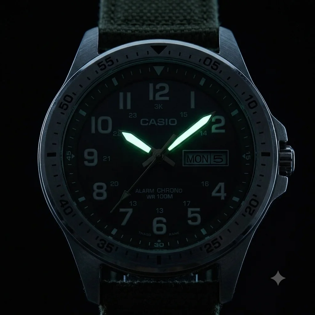 Casio MTPS120L in darkness — only the two hands carry weak luminous paint