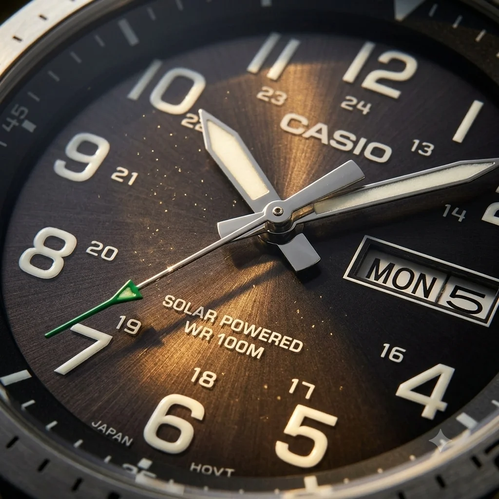 Sunlight charging the solar dial of the Casio MTPS120L
