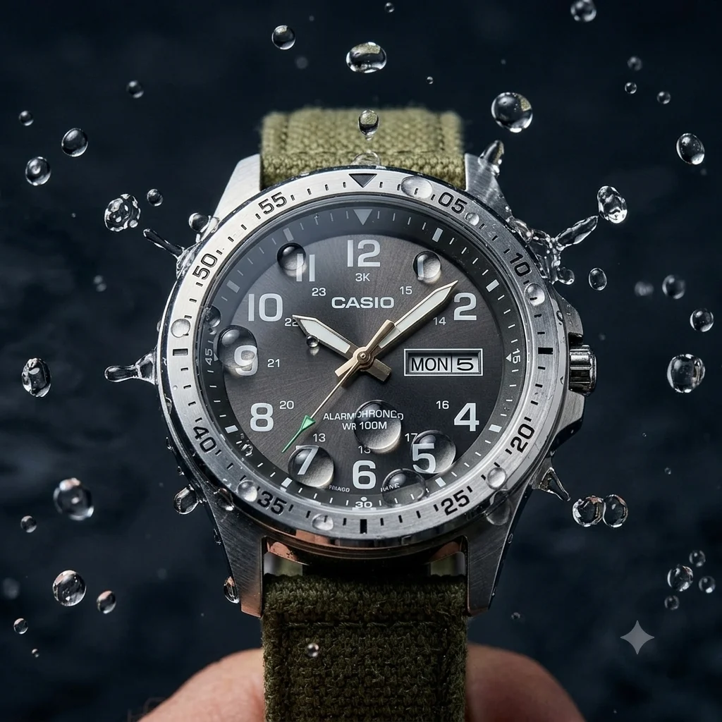 Water splashing off the Casio MTPS120L — 100M water resistance