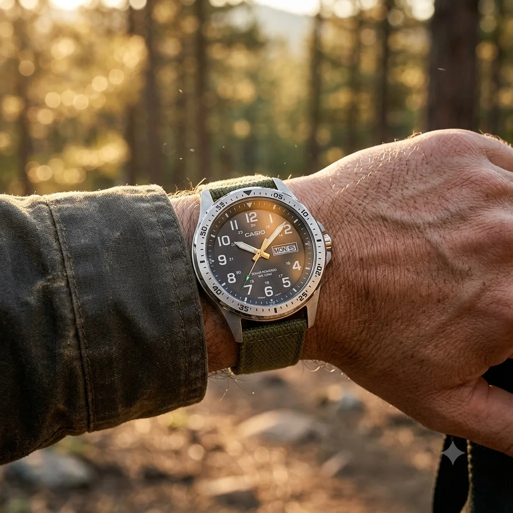 Casio MTPS120L worn on the wrist on a golden-hour trail
