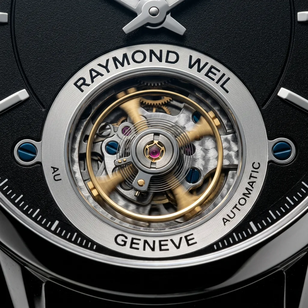 Raymond Weil Freelancer 2780 open heart balance wheel macro