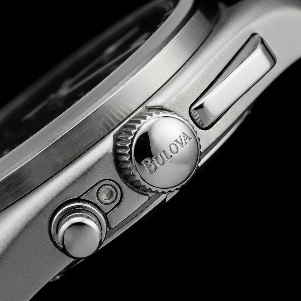 Bulova Lunar Pilot Chronograph 96B251 asymmetric pushers detail