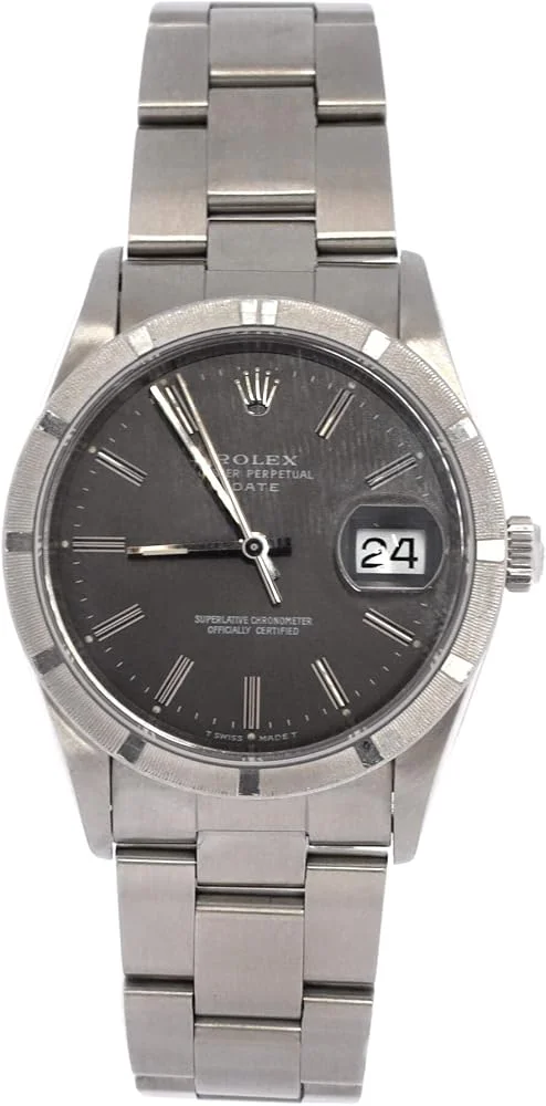 Rolex Oyster Perpetual Date 34 (steel, engine-turned bezel, grey dial, Oyster bracelet, pre-owned) — reference photograph