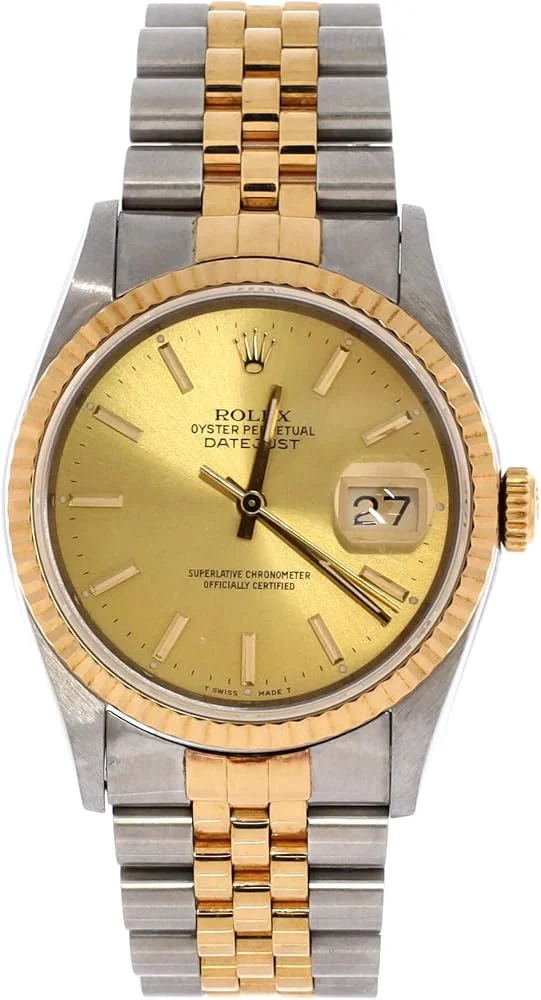 Rolex Datejust 36 (steel and 18k yellow gold, champagne baton dial, fluted bezel, Jubilee bracelet, sized small, pre-owned) — reference photograph