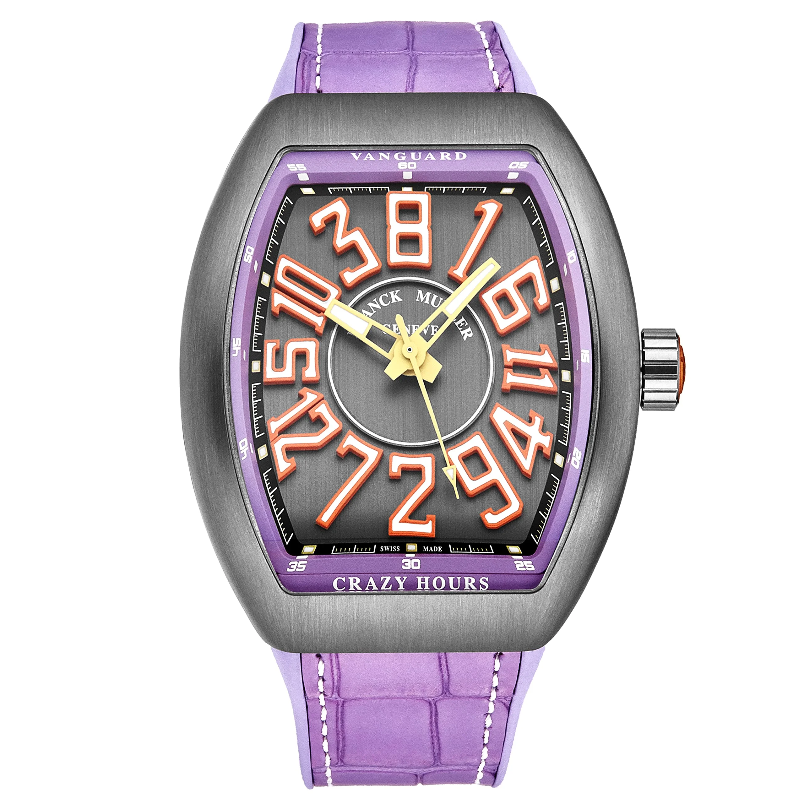 Franck Muller Vanguard Crazy Hours V 45 CH TT (titanium, grey dial, orange-outlined numerals, purple flange, purple alligator-grain strap)