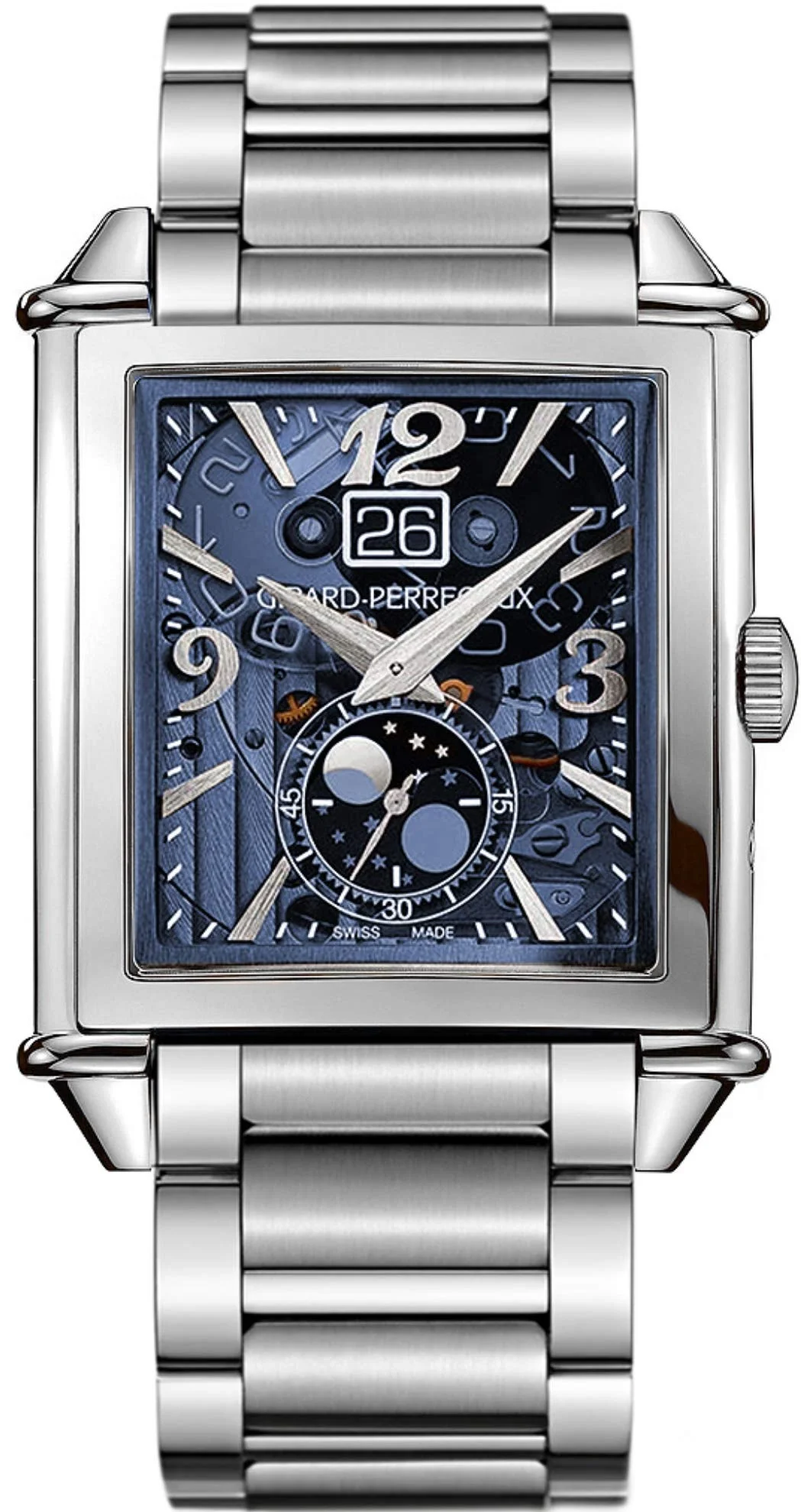 Girard-Perregaux Vintage 1945 XXL Large Date Moon Phases skeleton 25882-11-421 (steel, blue openworked dial, bracelet)
