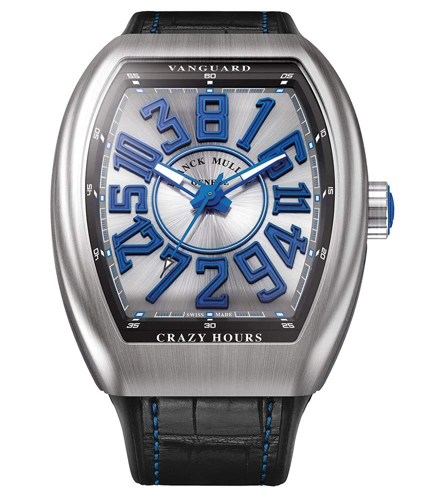 Franck Muller Vanguard Crazy Hours V 45 CH BR (BL) (brushed steel, blue numerals, black alligator strap with blue stitching)